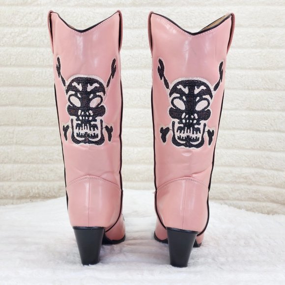 Ghost Rider Embroidered Skull & Bones Pink Cowboy Western Cowgirl Boots New - Picture 5 of 12